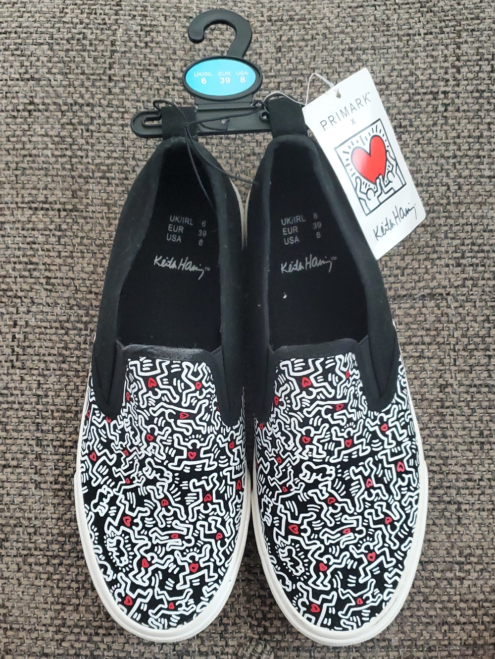 Primark x Keith Harring collab Black and White Slip-On Sneakers with Red Hearts